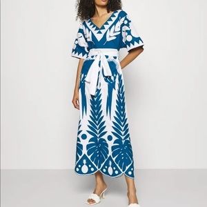 NWT Farm Rio Pathwork Embroidery Blue and White Cotton Dress - Medium